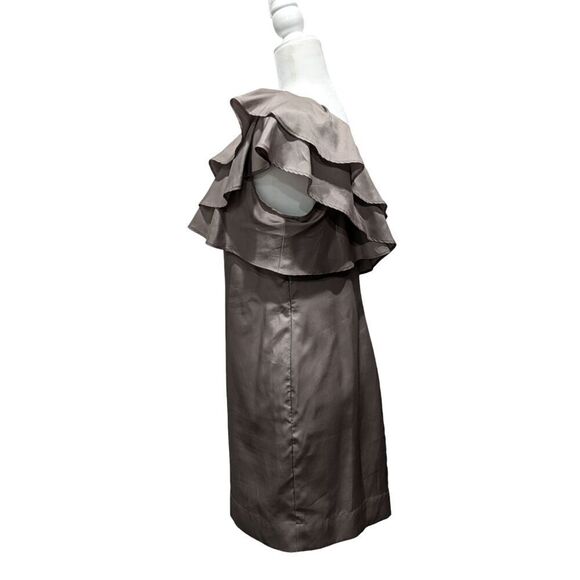 Apostrophe Taupe Sateen One Shoulder Double Ruffle Party Mini Dress, 6 - Picture 3 of 7